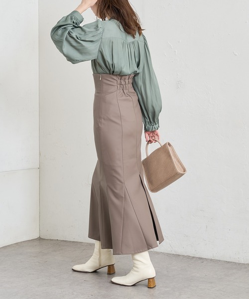 natural couture(ナチュラルクチュール)の「【WEB限定】合皮&ビッグチェックウエストマーメイドスカート Mサイズ(スカート・レディース・ベージュ系/パープル/ブラウン系/モカ・MEDIUM)」の7枚目の写真