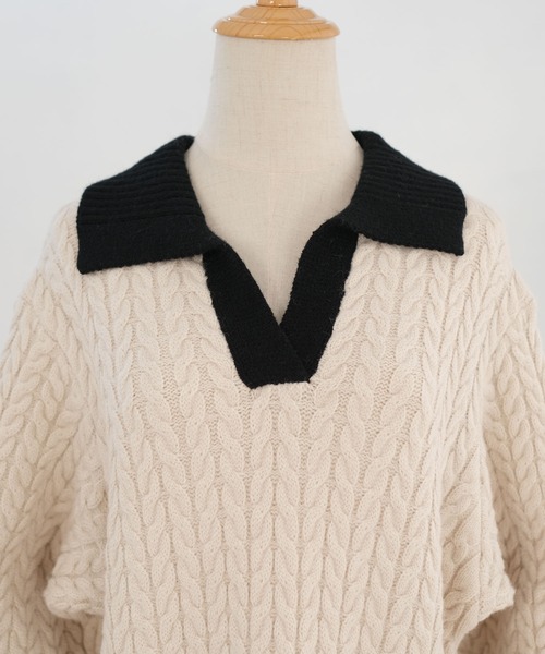 ANDJ(アンドジェイ)の「【ANDJ MADE】ケーブル編みバイカラーポロ襟ニットワンピース(ワンピース・レディース・オフホワイト・M)」の14枚目の写真