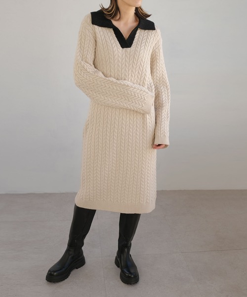 ANDJ(アンドジェイ)の「【ANDJ MADE】ケーブル編みバイカラーポロ襟ニットワンピース(ワンピース・レディース・オフホワイト・M)」の8枚目の写真