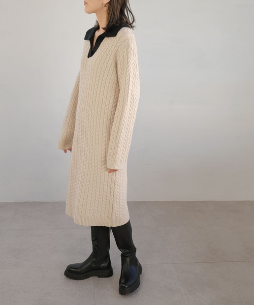 ANDJ(アンドジェイ)の「【ANDJ MADE】ケーブル編みバイカラーポロ襟ニットワンピース(ワンピース・レディース・オフホワイト・M)」の17枚目の写真