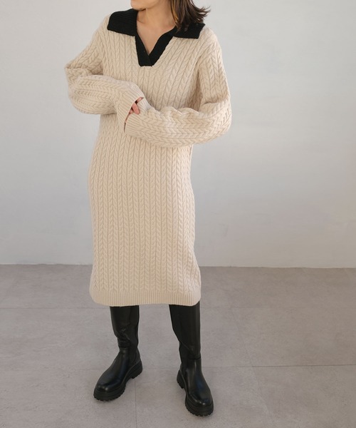 ANDJ(アンドジェイ)の「【ANDJ MADE】ケーブル編みバイカラーポロ襟ニットワンピース(ワンピース・レディース・オフホワイト・M)」の13枚目の写真