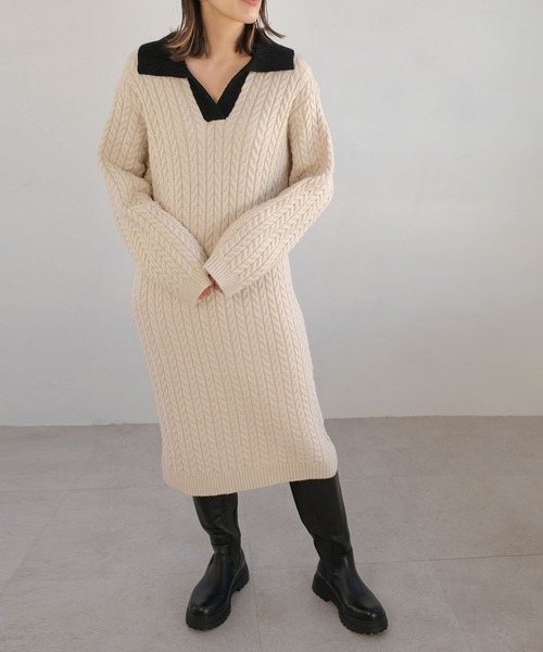 ANDJ(アンドジェイ)の「【ANDJ MADE】ケーブル編みバイカラーポロ襟ニットワンピース(ワンピース・レディース・オフホワイト・M)」の15枚目の写真