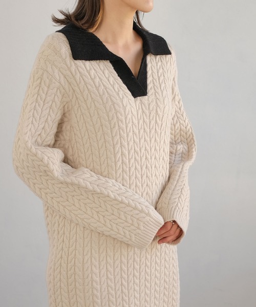 ANDJ(アンドジェイ)の「【ANDJ MADE】ケーブル編みバイカラーポロ襟ニットワンピース(ワンピース・レディース・オフホワイト・M)」の11枚目の写真