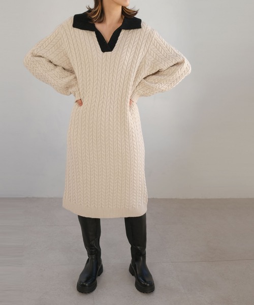 ANDJ(アンドジェイ)の「【ANDJ MADE】ケーブル編みバイカラーポロ襟ニットワンピース(ワンピース・レディース・オフホワイト・M)」の9枚目の写真