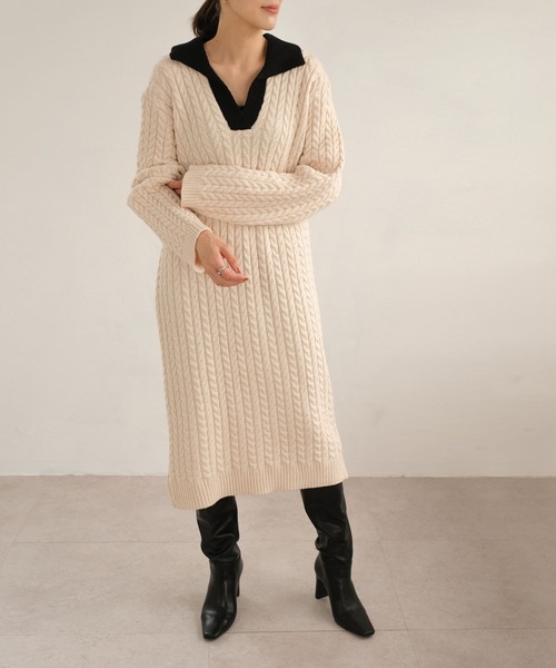 ANDJ(アンドジェイ)の「【ANDJ MADE】ケーブル編みバイカラーポロ襟ニットワンピース(ワンピース・レディース・オフホワイト・M)」の22枚目の写真