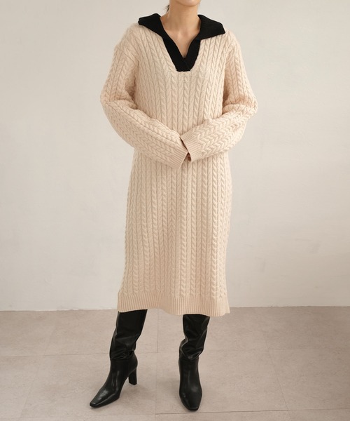 ANDJ(アンドジェイ)の「【ANDJ MADE】ケーブル編みバイカラーポロ襟ニットワンピース(ワンピース・レディース・オフホワイト・M)」の20枚目の写真