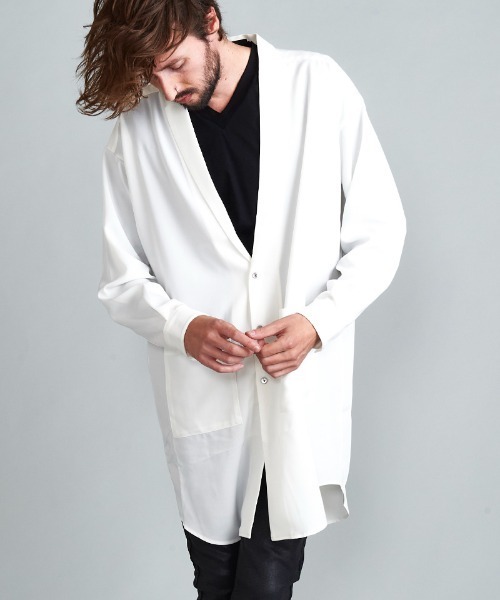 NO ID.（ノーアイディ）の「mj8397-ﾄﾞﾛｯﾌﾟｼｮﾙﾀﾞｰｼｬﾂｺｰﾄ（テーラードジャケット・メンズ・ホワイト/ブルーグリーン/ブラック/グリーン/レオパード・ONE SIZE）」の2枚目の写真