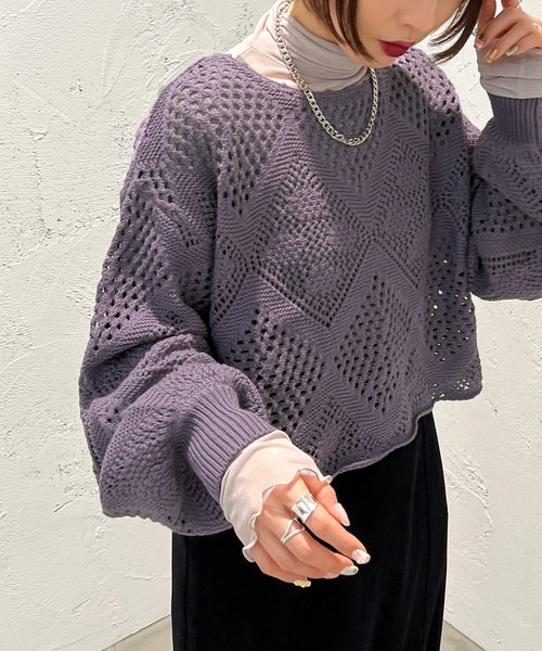 apres jour mignon(アプレジュールミニョン)の「クロシェライクニットプルオーバー【ZOZOTOWN限定アイテム】(Tシャツ/カットソー・レディース・パープル/ブラック/アイボリー/グリーン・フリー/X-LARGE)」の4枚目の写真