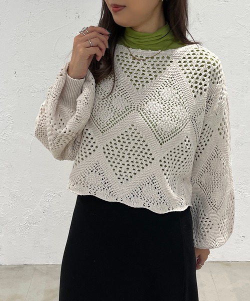 apres jour mignon(アプレジュールミニョン)の「クロシェライクニットプルオーバー【ZOZOTOWN限定アイテム】(Tシャツ/カットソー・レディース・パープル/ブラック/アイボリー/グリーン・フリー/X-LARGE)」の6枚目の写真