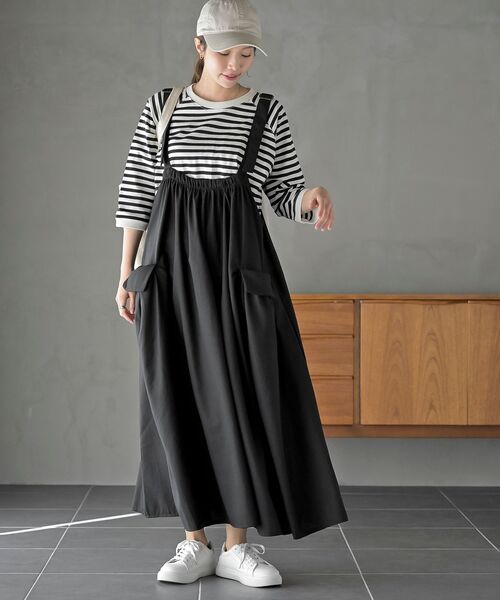 rps（アールピーエス）の「麻混アウトポケットジャンスカート（ジャンパースカート・レディース・ブラック/ネイビー/ライトカーキ/グレイッシュベージュ/ブラウン・M/フリー）」の6枚目の写真