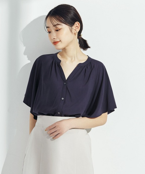 GLOBAL WORK（グローバルワーク）の「サラサラリラックスブラウス半袖/265474（シャツ/ブラウス・レディース・ライトブルー/アイボリー/ダークブルー/ホワイト系その他2/グリーン系その他3/オレンジ系その他2/ブルー系その他6・SMALL/MEDIUM/LARGE）」の6枚目の写真