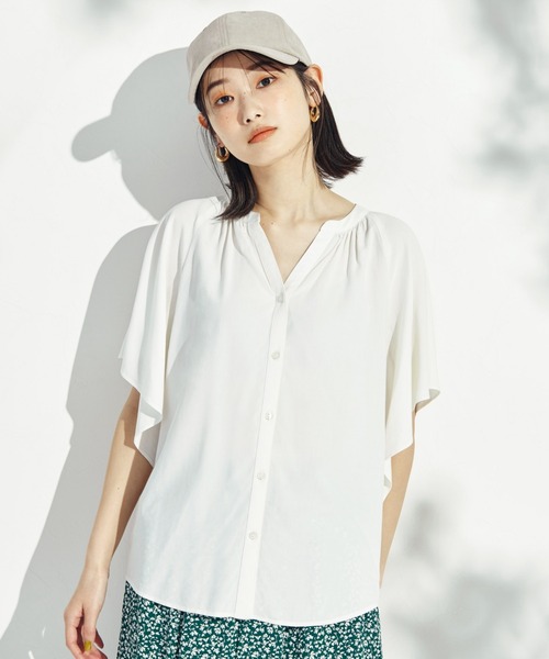 GLOBAL WORK（グローバルワーク）の「サラサラリラックスブラウス半袖/265474（シャツ/ブラウス・レディース・ライトブルー/アイボリー/ダークブルー/ホワイト系その他2/グリーン系その他3/オレンジ系その他2/ブルー系その他6・SMALL/MEDIUM/LARGE）」の2枚目の写真