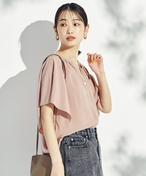 GLOBAL WORK（グローバルワーク）の「サラサラリラックスブラウス半袖/265474（シャツ/ブラウス・レディース・ライトブルー/アイボリー/ダークブルー/ホワイト系その他2/グリーン系その他3/オレンジ系その他2/ブルー系その他6・SMALL/MEDIUM/LARGE）」の7枚目の写真