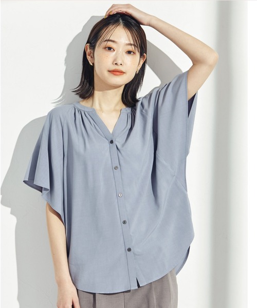GLOBAL WORK（グローバルワーク）の「サラサラリラックスブラウス半袖/265474（シャツ/ブラウス・レディース・ライトブルー/アイボリー/ダークブルー/ホワイト系その他2/グリーン系その他3/オレンジ系その他2/ブルー系その他6・SMALL/MEDIUM/LARGE）」の5枚目の写真