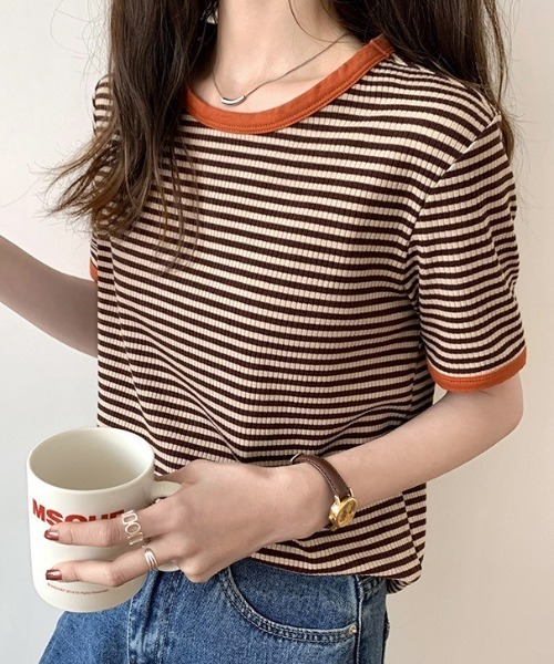 MAISON BREEZE(メゾンブリーズ)の「【MAISON BREEZE】レトロボーダーリンガーTシャツ SCCH161(Tシャツ/カットソー・レディース・グリーン/ブラウン/ブラック・4/3)」の3枚目の写真