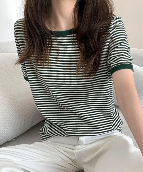 MAISON BREEZE(メゾンブリーズ)の「【MAISON BREEZE】レトロボーダーリンガーTシャツ SCCH161(Tシャツ/カットソー・レディース・グリーン/ブラウン/ブラック・4/3)」の1枚目の写真