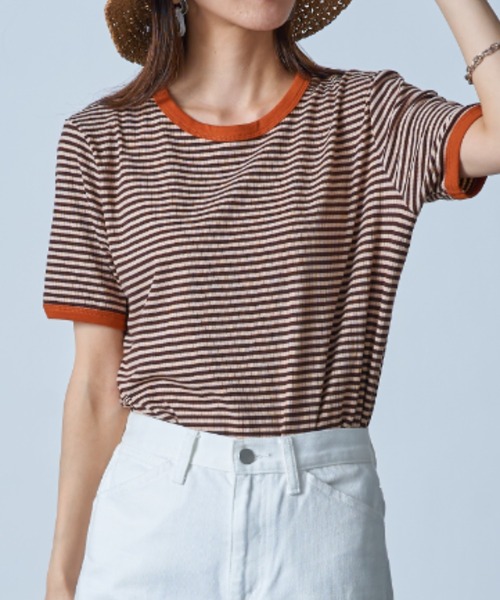 MAISON BREEZE(メゾンブリーズ)の「【MAISON BREEZE】レトロボーダーリンガーTシャツ SCCH161(Tシャツ/カットソー・レディース・グリーン/ブラウン/ブラック・4/3)」の6枚目の写真