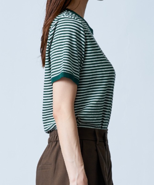 MAISON BREEZE(メゾンブリーズ)の「【MAISON BREEZE】レトロボーダーリンガーTシャツ SCCH161(Tシャツ/カットソー・レディース・グリーン/ブラウン/ブラック・4/3)」の9枚目の写真