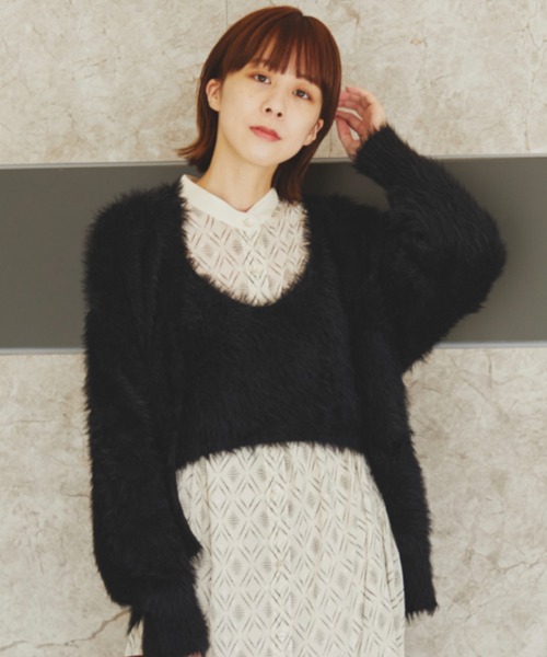 ROSE BUD（ローズバッド）の「フェザーヤーンカーデ（カーディガン/ボレロ・レディース・ホワイト/ブラック/ピンク/オレンジ/ブルー/グリーン/ボルドー・FREE）」の3枚目の写真