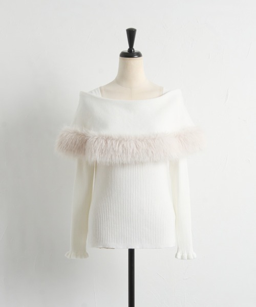 ファー付きケープライク袖口フリルリブニットプルオーバー（ニット/セーター）｜tocco closet（トッコ クローゼット）