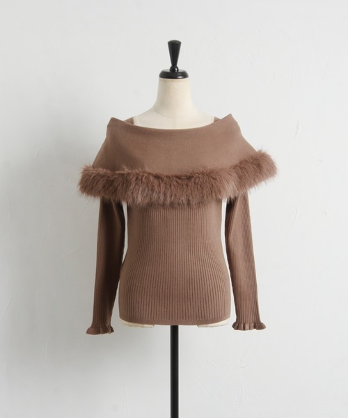 ファー付きケープライク袖口フリルリブニットプルオーバー（ニット/セーター）｜tocco closet（トッコ クローゼット）