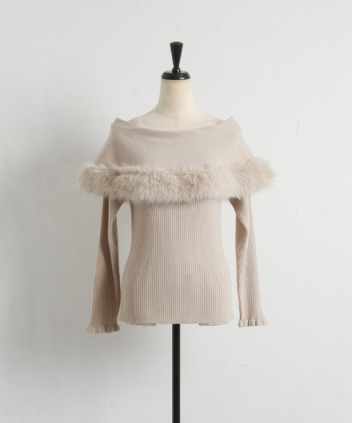 ファー付きケープライク袖口フリルリブニットプルオーバー（ニット/セーター）｜tocco closet（トッコ クローゼット）