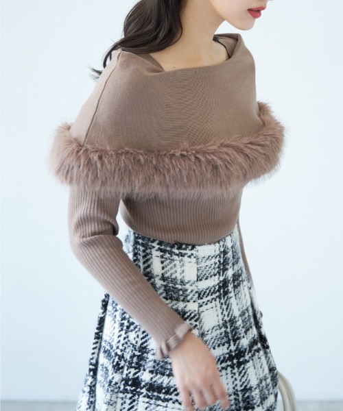 ファー付きケープライク袖口フリルリブニットプルオーバー（ニット/セーター）｜tocco closet（トッコ クローゼット）
