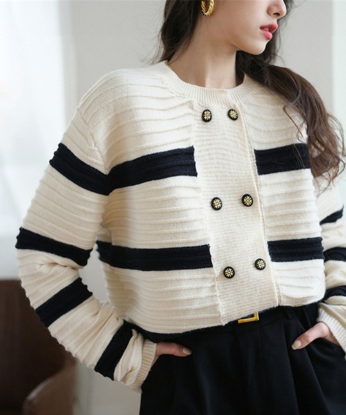 LOPASS（ロパス）の「ダブルボタン　ボーダー柄カーディガン（カーディガン/ボレロ・レディース・ホワイト/ブラック・FREE）」の5枚目の写真