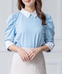 七分袖襟配色シャツカラートップス[オフィスカジュアル 着回し抜群 大人 カジュアル]