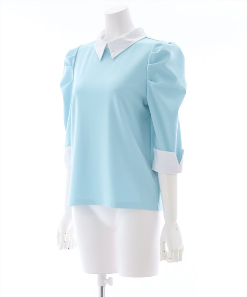 clear（クリア）の「七分袖襟配色シャツカラートップス[オフィスカジュアル 着回し抜群 大人 カジュアル]（Tシャツ/カットソー・レディース・ブラック/サックスブルー/オフホワイト・F）」の4枚目の写真