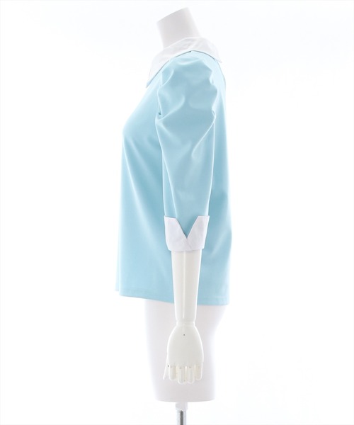 clear（クリア）の「七分袖襟配色シャツカラートップス[オフィスカジュアル 着回し抜群 大人 カジュアル]（Tシャツ/カットソー・レディース・ブラック/サックスブルー/オフホワイト・F）」の5枚目の写真