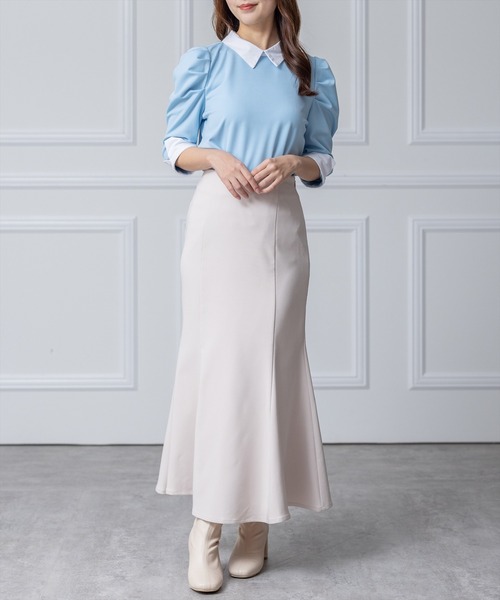 clear（クリア）の「七分袖襟配色シャツカラートップス[オフィスカジュアル 着回し抜群 大人 カジュアル]（Tシャツ/カットソー・レディース・ブラック/サックスブルー/オフホワイト・F）」の13枚目の写真