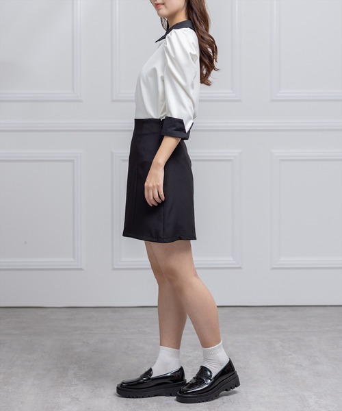 clear（クリア）の「七分袖襟配色シャツカラートップス[オフィスカジュアル 着回し抜群 大人 カジュアル]（Tシャツ/カットソー・レディース・ブラック/サックスブルー/オフホワイト・F）」の22枚目の写真