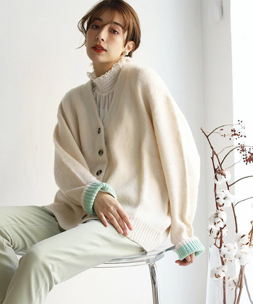 REAL CUBE（リアルキューブ）の「アルパカ混シャギーニットカラーカーディガン（カーディガン/ボレロ・レディース・パープル/ネイビー/オフホワイト/グリーン/ブルーグレー・M）」の2枚目の写真