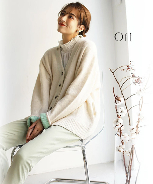 REAL CUBE（リアルキューブ）の「アルパカ混シャギーニットカラーカーディガン（カーディガン/ボレロ・レディース・パープル/ネイビー/オフホワイト/グリーン/ブルーグレー・M）」の7枚目の写真