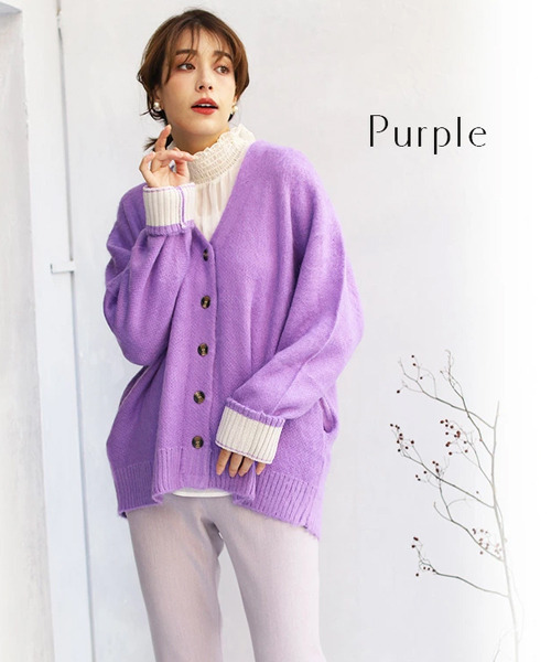 REAL CUBE（リアルキューブ）の「アルパカ混シャギーニットカラーカーディガン（カーディガン/ボレロ・レディース・パープル/ネイビー/オフホワイト/グリーン/ブルーグレー・M）」の12枚目の写真