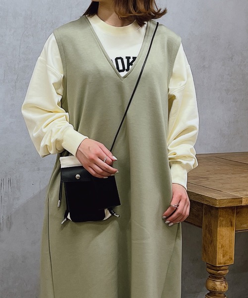 un dix cors（アンディコール）の「ダンボールフレアジャンスカ（ジャンパースカート・レディース・カーキ/ブラック・SMALL/FREE）」の3枚目の写真