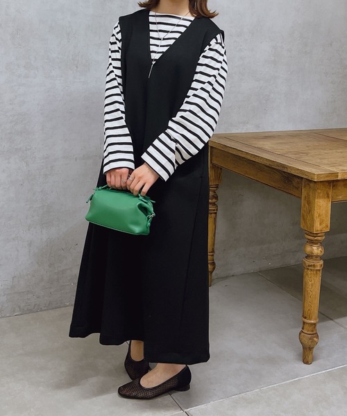 un dix cors（アンディコール）の「ダンボールフレアジャンスカ（ジャンパースカート・レディース・カーキ/ブラック・SMALL/FREE）」の6枚目の写真