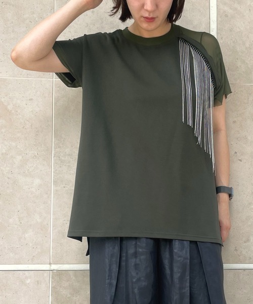 AULA AILA(アウラアイラ)の「チェーンフリンジTシャツ(Tシャツ/カットソー・レディース・ブラック/カーキ/ホワイト・0)」の3枚目の写真