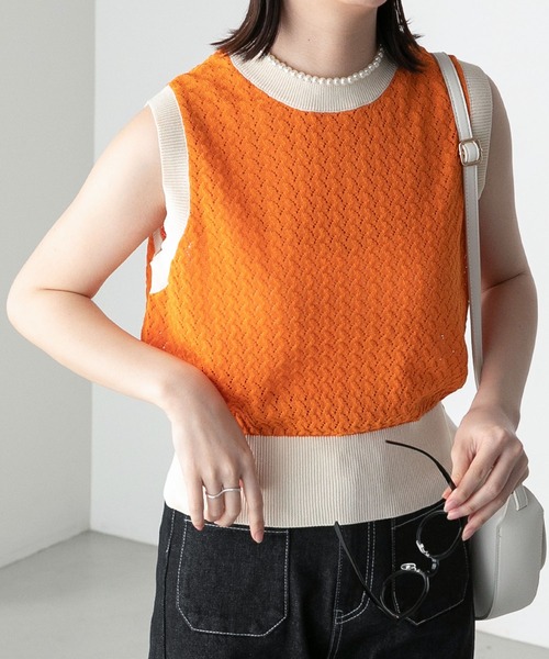 BONLECILL(ボンルシール)の「リンガー配色 レース編みノースリーブニットプルオーバー(ニット/セーター・レディース・ブルー/オフホワイト/ブラック系/オレンジ・FREE)」の4枚目の写真