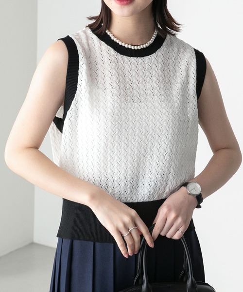 BONLECILL(ボンルシール)の「リンガー配色 レース編みノースリーブニットプルオーバー(ニット/セーター・レディース・ブルー/オフホワイト/ブラック系/オレンジ・FREE)」の8枚目の写真
