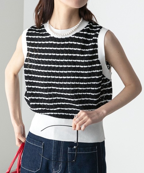 BONLECILL(ボンルシール)の「リンガー配色 レース編みノースリーブニットプルオーバー(ニット/セーター・レディース・ブルー/オフホワイト/ブラック系/オレンジ・FREE)」の13枚目の写真