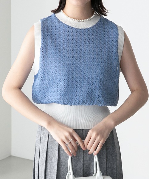 BONLECILL(ボンルシール)の「リンガー配色 レース編みノースリーブニットプルオーバー(ニット/セーター・レディース・ブルー/オフホワイト/ブラック系/オレンジ・FREE)」の20枚目の写真