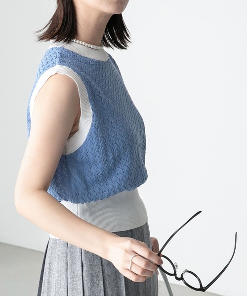 BONLECILL(ボンルシール)の「リンガー配色 レース編みノースリーブニットプルオーバー(ニット/セーター・レディース・ブルー/オフホワイト/ブラック系/オレンジ・FREE)」の21枚目の写真