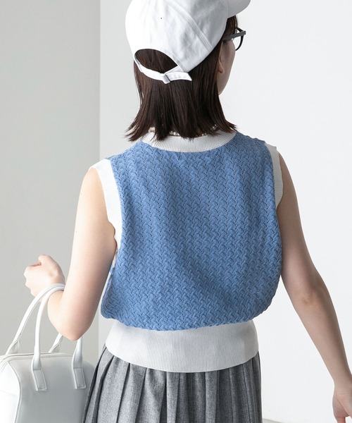 BONLECILL(ボンルシール)の「リンガー配色 レース編みノースリーブニットプルオーバー(ニット/セーター・レディース・ブルー/オフホワイト/ブラック系/オレンジ・FREE)」の22枚目の写真