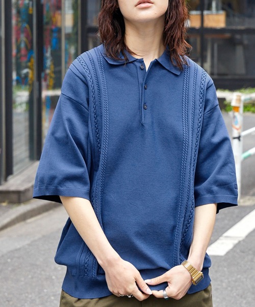 MONO-MART(モノマート)の「【CODDERR】ケーブルニットストライプルーズポロシャツ(ポロシャツ・メンズ・ピンク/ブラック/オレンジ/グリーン/ブルー/アイボリー・L/M)」の4枚目の写真