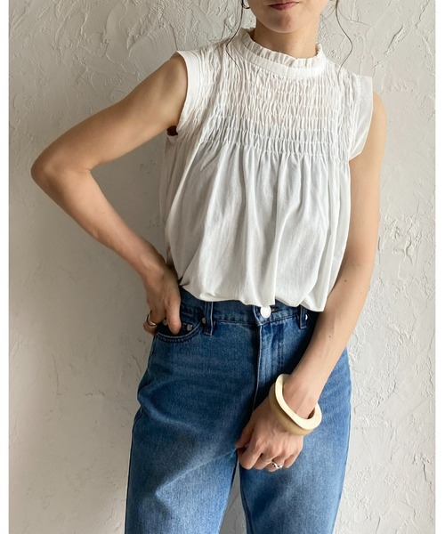 She's Closet（シーズクローゼット）の「立ち襟スタンドカラーノースリーブシャーリングフリルブラウス（シャツ/ブラウス・レディース・ブラック/ホワイト/イエロー・FREE）」の5枚目の写真