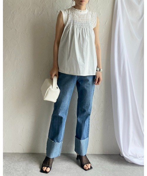 She's Closet（シーズクローゼット）の「立ち襟スタンドカラーノースリーブシャーリングフリルブラウス（シャツ/ブラウス・レディース・ブラック/ホワイト/イエロー・FREE）」の15枚目の写真