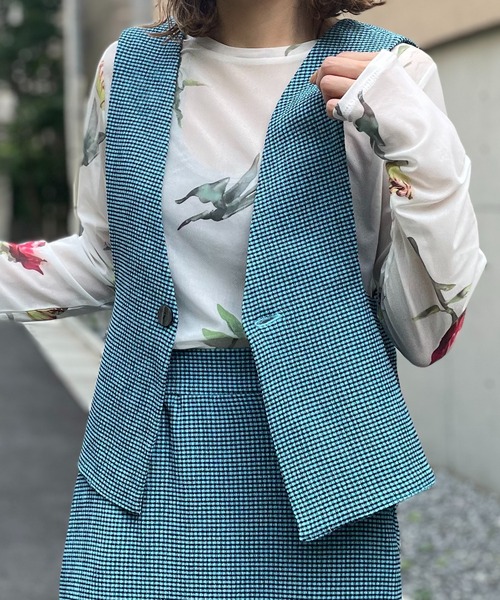 mi via loca(ミヴィアロカ)の「【2WAY】チェック柄シャーリング ビスチェ・ベスト(ベスト・レディース・ライム/ブルー/ネイビー/ピンク・FREE)」の15枚目の写真