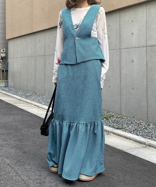 mi via loca(ミヴィアロカ)の「【2WAY】チェック柄シャーリング ビスチェ・ベスト(ベスト・レディース・ライム/ブルー/ネイビー/ピンク・FREE)」の7枚目の写真